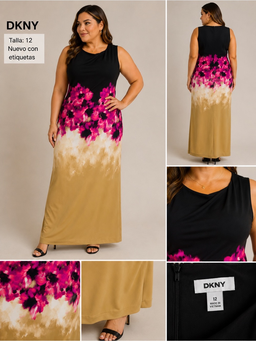 DKNY Black, Fuchsia & Tan Floral Ombre Maxi Dress